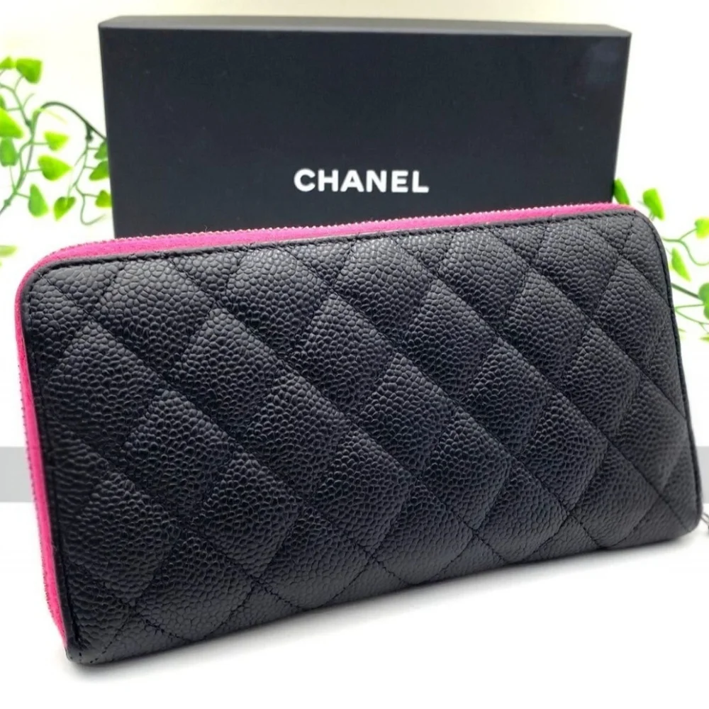 Chanel Black Caviar Quilted Zip Around Long Wallet